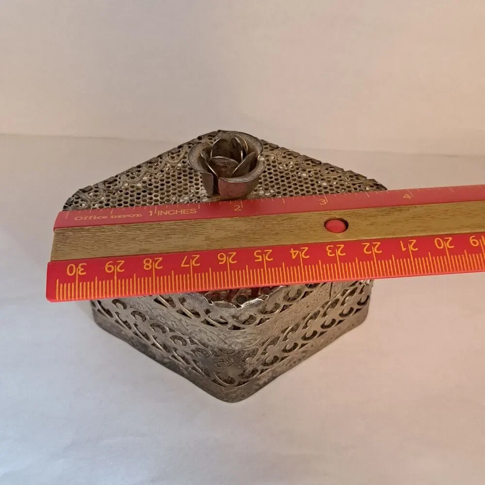 Vintage Metal Box Container Filigree Trinket with Lid and Rose on Top